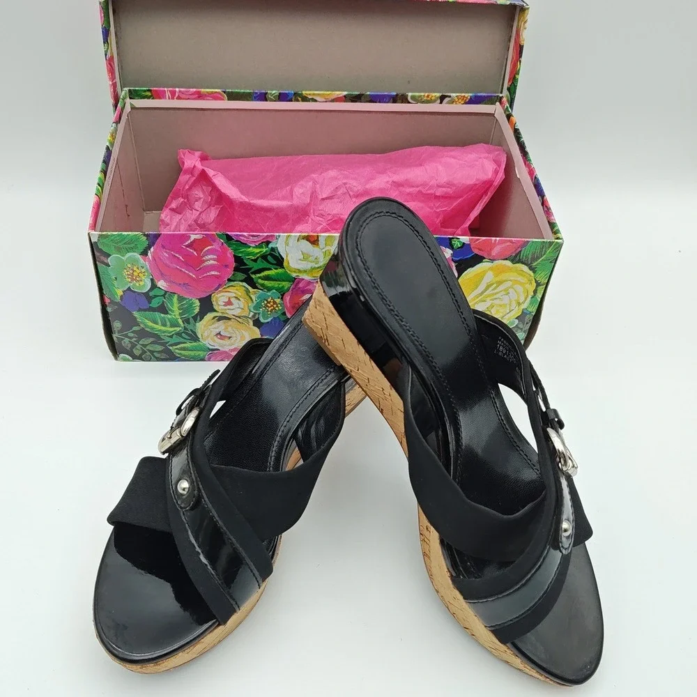Mootsies Tootsies‎ Oath Black Elastic Cork Wedge Slide Sandals Women's Size 7.5M